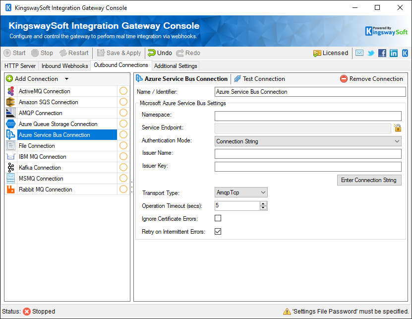 KingswaySoft Integration Gateway Console - Outbound Webhooks - Azure Service Bus